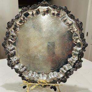 SHERIDAN FOOTED ORNATE SILVERPLATED PLATTER - TRAY 17” D Scalloped Edges